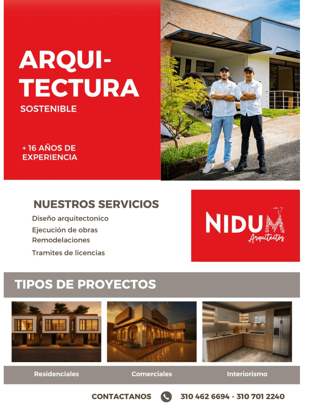 Presentación de Nidum Arquitectos: arquitectura sostenible, más de 16 años de experiencia, servicios y teléfonos de contacto.